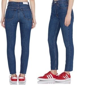 Re/Done Originals High Rise Rigid Crop Jeans Dark Wash Button Fly Raw Hem Denim